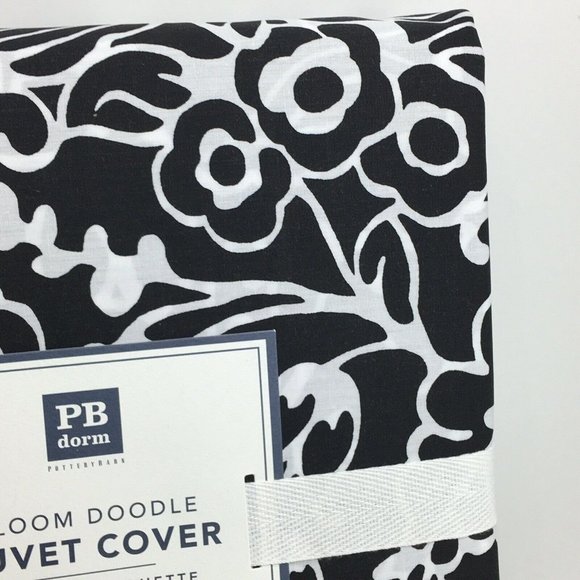 Pottery Barn Teen Dorm Duvet Cover Twin Bloom Doodle Black White Cotton Floral - Picture 5 of 12